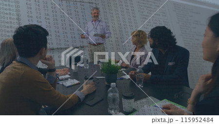 Image of financial data processing over diverse business people in office 115952484