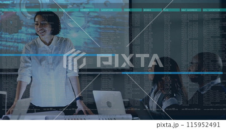 Image of financial data processing over diverse business people in office 115952491