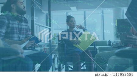 Image of financial data processing over diverse colleagues having meeting in office 115952589