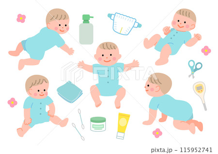 赤ちゃんとスキンケア用品のイラストセット 115952741