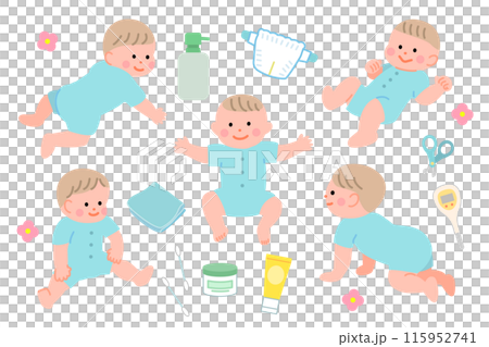 赤ちゃんとスキンケア用品のイラストセット 115952741