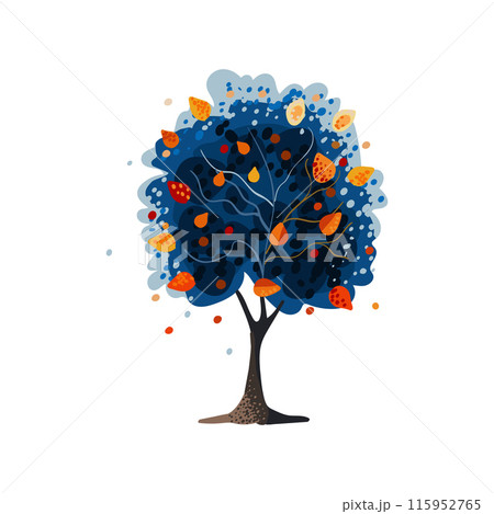 Blue tree with orange and yellow leaves. Autumn Hand drawn. Watercolor style. Flat vector illustration. Blue tree with orange and yellow leaves. Autumn Hand drawn. Watercolor style. Flat vector illustration. 115952765