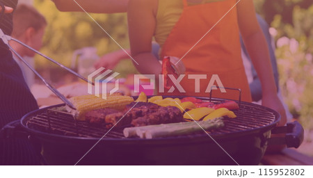 Image of happy caucasian family having bbq and talking Image of happy caucasian family having bbq and talking 115952802
