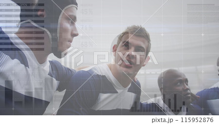 Image of graphs, data and statistics over multi-ethnic male rugby team standing in a huddle digital Image of graphs, data and statistics over multi-ethnic male rugby team standing in a huddle digital 115952876