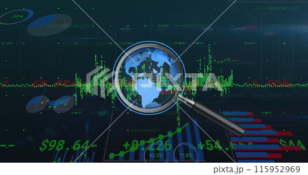 Image of financial data processing and magnifying glass over navy background 115952969