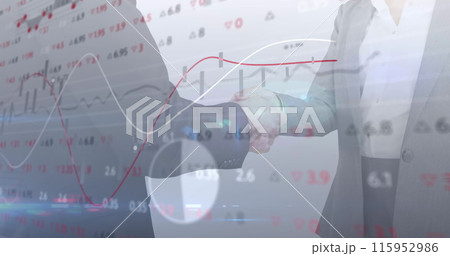 Image of financial data processing over business people shaking hands Image of financial data processing over business people shaking hands 115952986