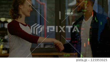 Image of digital interface and financial data processing over business people Image of digital interface and financial data processing over business people 115953025
