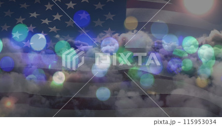 Image of glowing spots over sky with clouds and american flag Image of glowing spots over sky with clouds and american flag 115953034