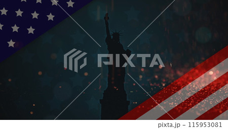 Image of american flag revealing statue of liberty and tiny glowing particles falling Image of american flag revealing statue of liberty and tiny glowing particles falling 115953081