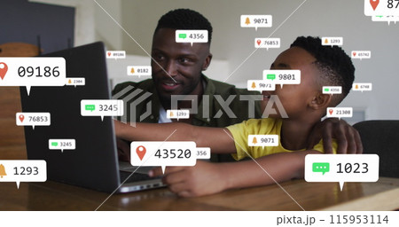 Image of media icons over african american father with son using laptop Image of media icons over african american father with son using laptop 115953114