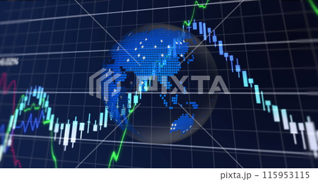 Financial data processing over grid network against spinning globe icon on blue background Financial data processing over grid network against spinning globe icon on blue background 115953115