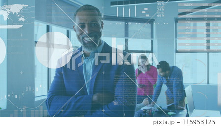 Image of financial data and graphs over happy african american businessman in office 115953125