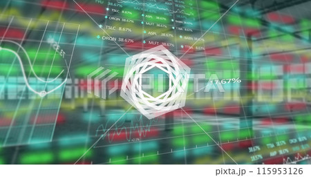 Image of hexagon spinning and financial data processing over empty industrial interiors 115953126