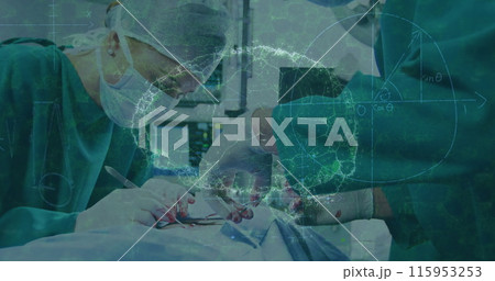 Image of human brain and data processing over female caucasian surgeon with face mask 115953253