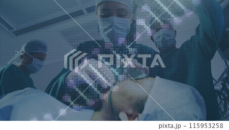 Image of dna strand and data processing over patient and diverse surgeons with face masks 115953258