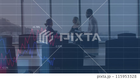 Image of financial data processing over diverse business people talking Image of financial data processing over diverse business people talking 115953328