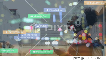Image of colorful social media notifications over african american woman listening music in city 115953655