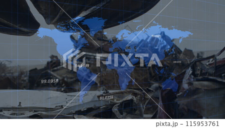 Image of network of connections over data processing and digital shield 115953761