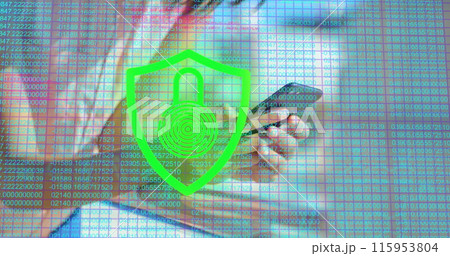 Image of number and digital padlock over hands of asian woman using smartphone Image of number and digital padlock over hands of asian woman using smartphone 115953804