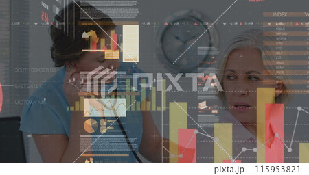 Image of data processing over caucasian female nurse with patient talking Image of data processing over caucasian female nurse with patient talking 115953821
