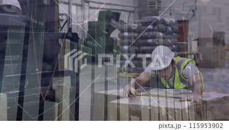 Image of statistical data processing over caucasian male worker packing boxes at warehouse Image of statistical data processing over caucasian male worker packing boxes at warehouse 115953902