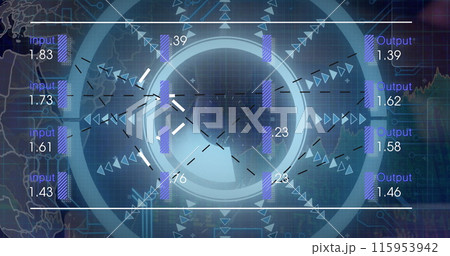 Image of diverse data clock and globe spinning over world map 115953942