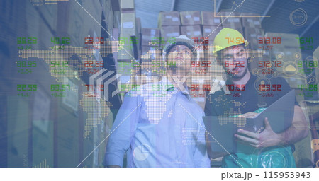 Image of data processing over caucasian male workers in warehouse Image of data processing over caucasian male workers in warehouse 115953943