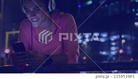 Image of digital screens with data over caucasian female woman in headphones and smartphone 115953965