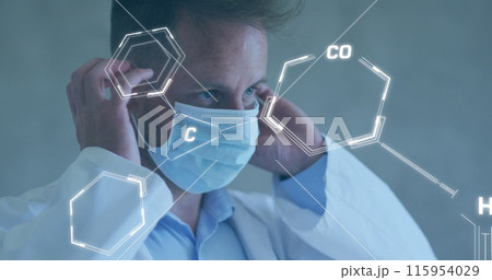 Image of chemical formula over caucasian male doctor wearing face mask Image of chemical formula over caucasian male doctor wearing face mask 115954029