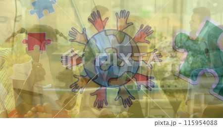 Image of globe with hands text over diverse schoolchildren 115954088