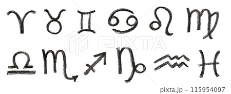 A hand-drawn set zodiac signs in black pencil isolated on a white background, perfect for astrology-themed designs, horoscope articles, and spiritual projects A hand-drawn set zodiac signs in black pencil isolated on a white background, perfect for astrology-themed designs, horoscope articles, and spiritual projects 115954097