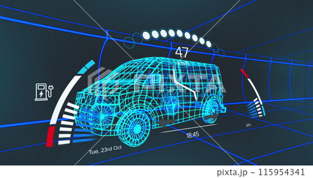 Image of speedometer over 3d model of a van moving against blue background 115954341