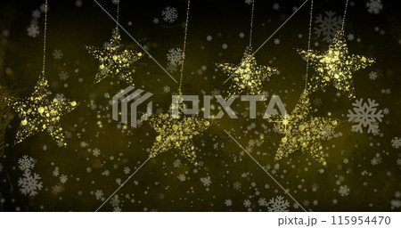 Image of snowflakes floating over golden stars on black background 115954470