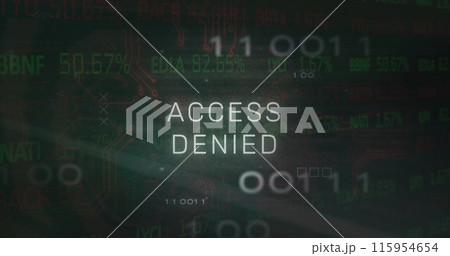 Image of access denied text, x symbol, binary codes, circuit board texture over trading board Image of access denied text, x symbol, binary codes, circuit board texture over trading board 115954654