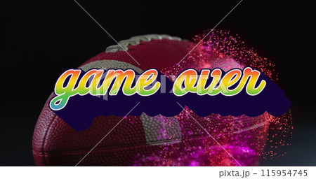 Image of game over and abstract pattern over rugby ball against black background Image of game over and abstract pattern over rugby ball against black background 115954745