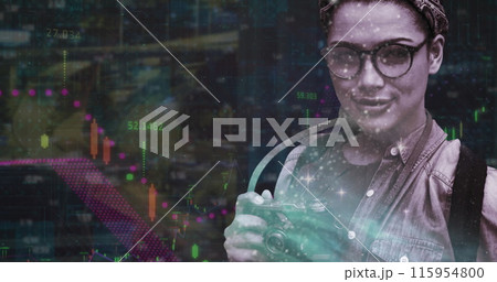 Image of glowing stars, graphs and numbers over portrait of caucasian woman with camera Image of glowing stars, graphs and numbers over portrait of caucasian woman with camera 115954800