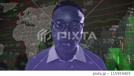 Image of graphs, trading board, increasing numbers, map over portrait of african american boy 115954805