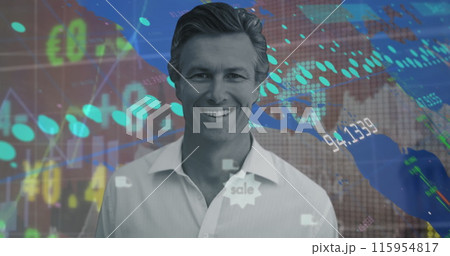 Image of portrait of smiling caucasian man over moving trading board, graph and numbers 115954817