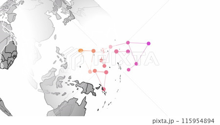 Image of network of connections over spinning globe against white background 115954894