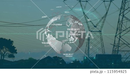 Image of changing numbers over spinning globe against network towers 115954925
