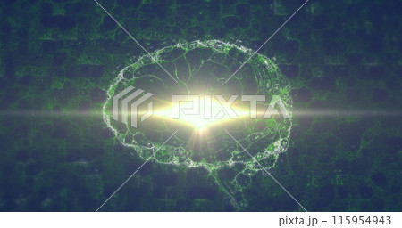 Image of light trails over digital brain and shapes on black background 115954943