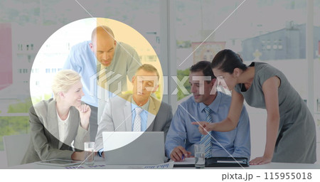 Image of loading pie chart over diverse coworkers discussing reports over laptop in office Image of loading pie chart over diverse coworkers discussing reports over laptop in office 115955018