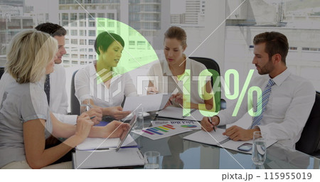 Image of percent, pie chart financial data processing over diverse business people 115955019