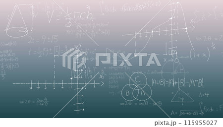 Image of mathematical equations and diagrams floating against green gradient background 115955027