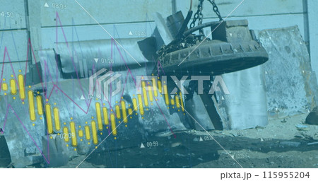 Image of multiple graphs moving over magnetic crane against wall at garbage dump 115955204
