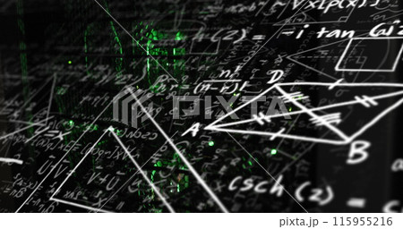 Image of mathematical equation and diagrams against illuminated server rack in server room Image of mathematical equation and diagrams against illuminated server rack in server room 115955216
