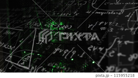 Image of mathematical equation and diagrams against illuminated server rack in server room Image of mathematical equation and diagrams against illuminated server rack in server room 115955218
