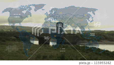 Image of world map and data processing over landscape 115955282