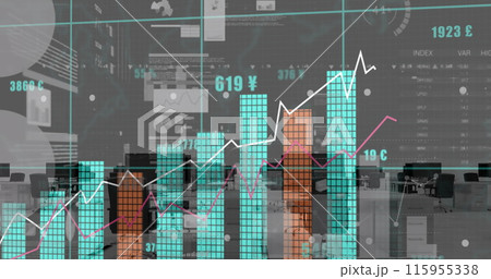 Image of statistical data processing over grid network against empty office Image of statistical data processing over grid network against empty office 115955338