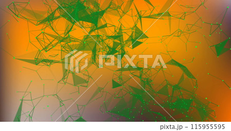 Image of green illuminated dots connecting with lines and moving on yellow background Image of green illuminated dots connecting with lines and moving on yellow background 115955595